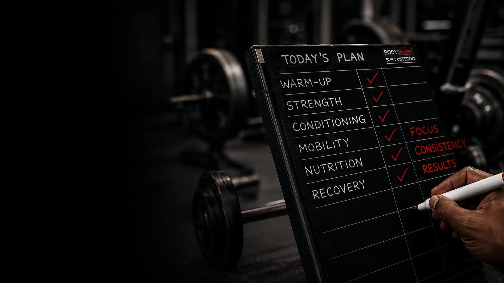 Bodysharp coaching plan beside gym equipment